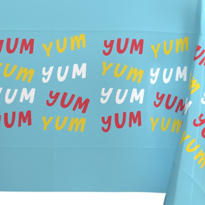 American Greetings Blue with Colorful 'Yum' Plastic Table Cover - Each - Image 2