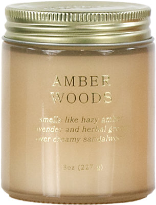 Overjoyed Boutiqe Glass Candle Amber Woods - 8 Oz - Image 1