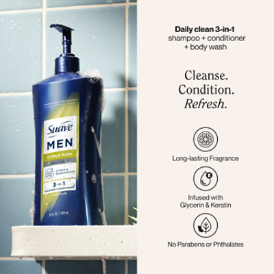 Suave Men Citrus Rush 3 in 1 Shampoo Conditioner & Body Wash with Glycerin & Keratin - 28 Oz - Image 2