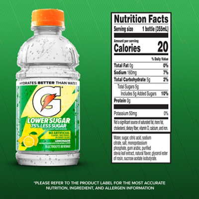 Gatorade Lower Sugar Electrolyte Sport Drink Lemonade - 12-12 Fl. Oz. - Image 3