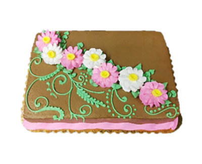 Chocolate Iced With Pink And White Daisies Cake - Image 1