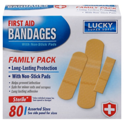 Lucky Super Soft Non Stick Pads First Aid Bandages Family Pack Assorted Sizes - 100 Count - Image 3