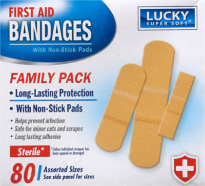 Lucky Super Soft Non Stick Pads First Aid Bandages Family Pack Assorted Sizes - 100 Count - Image 2