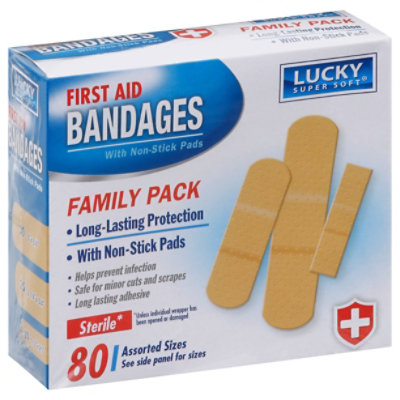 Lucky Super Soft Non Stick Pads First Aid Bandages Family Pack Assorted Sizes - 100 Count - Image 1