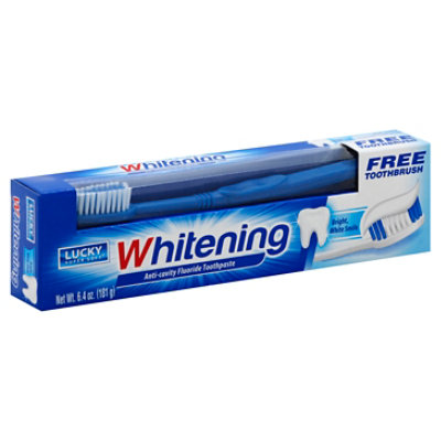 Lucky Super Soft Whitening Anti Cavity Flouride Toothpaste With Free Toothbrush - 6.4 Oz - Image 1