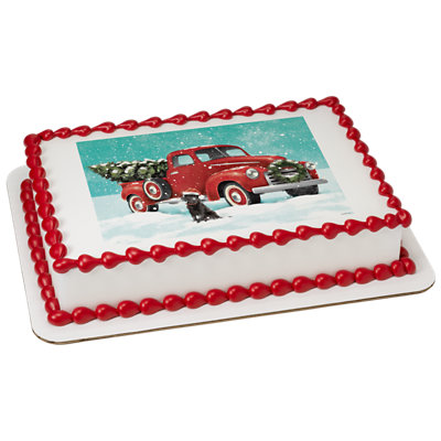 Classic Red Truck With Tree Image Photo Cake - Image 1
