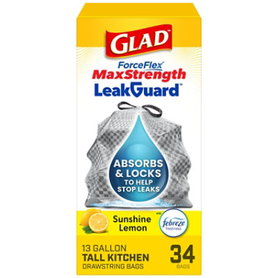 Glad Forceflex Maxstrength Leakguard Tall Kitchen Trash Bags, 13 Gal, Sunshine Lemon Scent, 34 Ct - 34 CT - Image 1