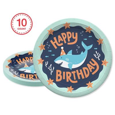 American Greetings  9 Inch Birthday Dinner Plates Blue Happy Birthday Shark Design 10 Count - Each - Image 1