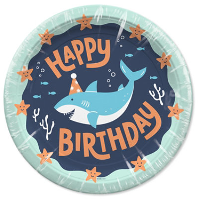 American Greetings  9 Inch Birthday Dinner Plates Blue Happy Birthday Shark Design 10 Count - Each - Image 2