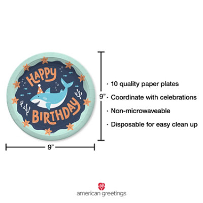 American Greetings  9 Inch Birthday Dinner Plates Blue Happy Birthday Shark Design 10 Count - Each - Image 4