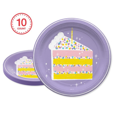 American Greetings  9 Inch Birthday Dinner Plates Lavender Cake Slice Design 10 Count - Each - Image 1
