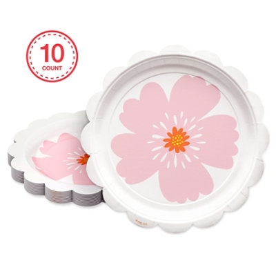 American Greetings  7 Inch Dessert Plates Pink Floral Scalloped Edge 10 Count - Each - Image 1