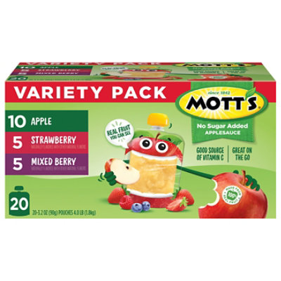 Motts No Sugar Added Applesauce Variety Pack 3.2 Oz Clear Pouches 20 Pack 2 Count - 64 oz - Image 2