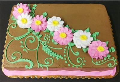 Full Sheet Cake Chocolate Iced with Pink & White Daisies