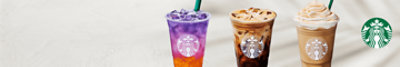 Three featured Starbucks beverages displayed next to Starbucks logo.