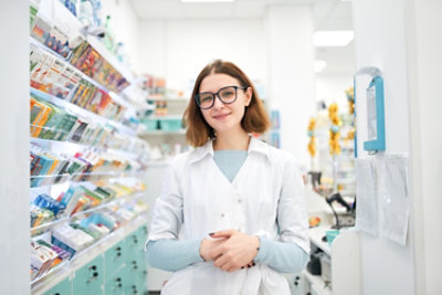 Pharmacist standing in dispensary.