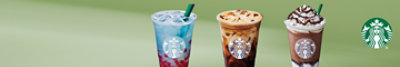 Summer skies drink, Iced Horchata Oatmilk Shaken Espresso, Mocha Cookie Crumble Frappuccino® blended beverage. Starbucks logo.