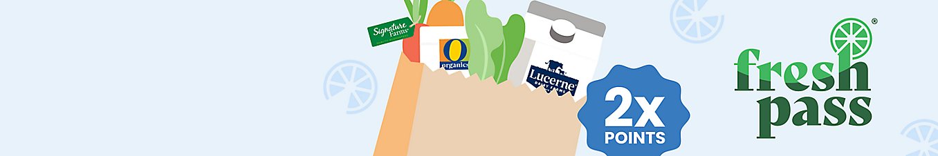 A bag full of groceries, our store-brand logos and a two-times points graphic.