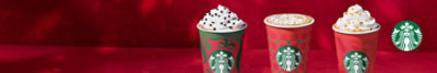 Three featured Starbucks beverages displayed next to Starbucks logo.