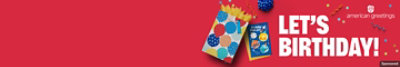 An American Greetings birthday card and a gift bag with text LET'S BIRTHDAY! on red background.