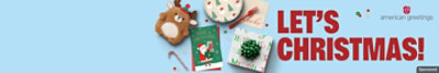 An American Greetings Holiday card, wrapped gift, plush, party plate and napkin next to text Let's Christmas!
