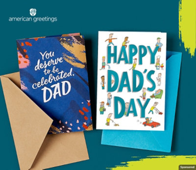 Two Father’s Day cards along with their envelopes are arranged over a designed background.