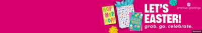 Two American Greetings Easter greeting cards and a gift bag. Let's Easter. Grab. Go. Celebrate.