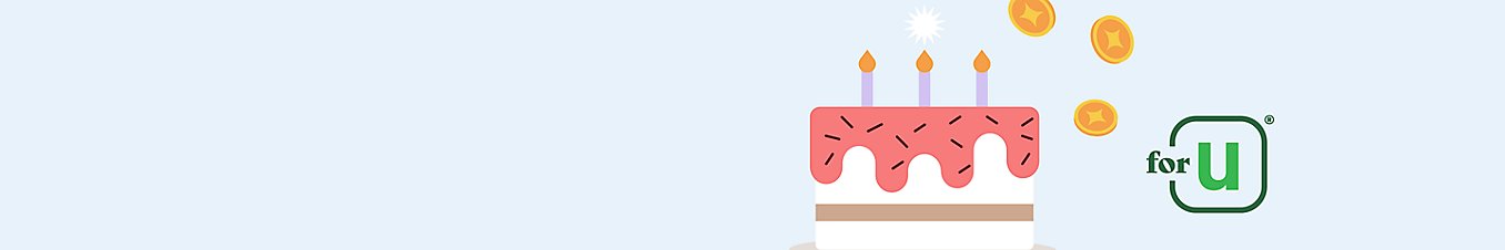 A birthday cake with lit candles. Floating Rewards coins.