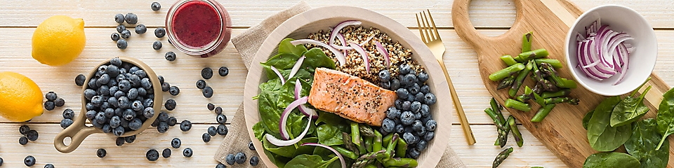 Blueberry and salmon quinoa bowl