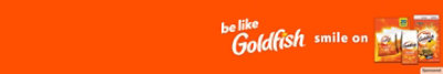 Words, "Be like Goldfish; smile on." next to boxes of Goldfish products.