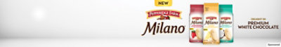 Picture of 3 Milano cookie bags next to words, "New. Delight in premium white chocolate."