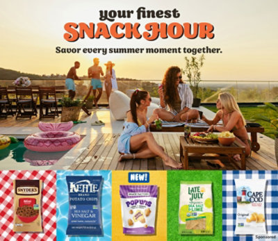 Picture of friends eating snacks by pool with picture of products below.