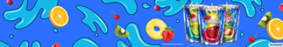 Three Capri Sun pouches on an illustrated blue splash background with real fruit.