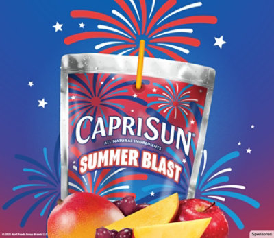 Capri Sun Summer Blast pouch on an illustrated fireworks background with real fruit underneath.