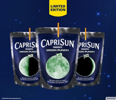 Three Capri Sun Moon Punch pouches, each with a different moon phase, on a night sky background.