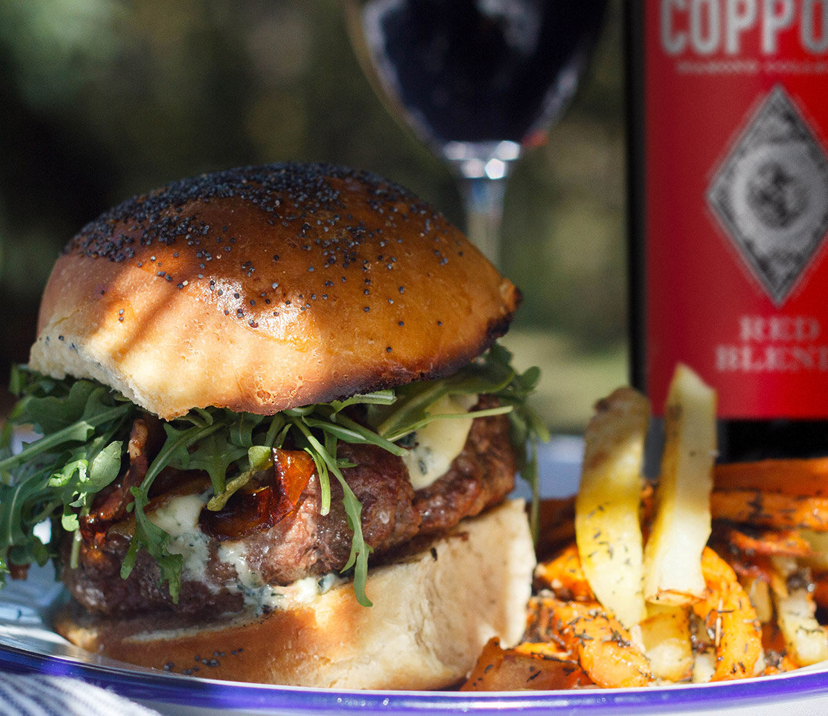 Apple, Blue Cheese & Caramelized Onion Burger with Diamond Collection Red Blend