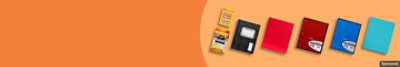 Post it, Bic and other school supplies products on an orange background.