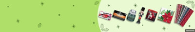 Energizer, Village Candle and other seasonal products on a green background.