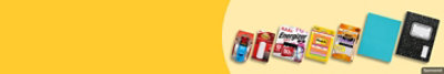 Scotch, Bic and other school supplies products on a yellow background.
