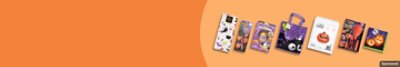 Airblown inflable, Kane halloween kitchen towels, and other halloween products on an orange background.