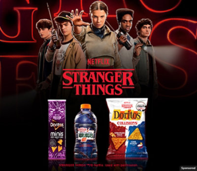 Characters from Stranger Things pictured with packages of snacks and beverages from partner brands.