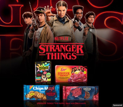 Characters from Stranger Things pictured with packages of snacks and beverages from partner brands.