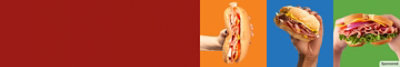 Red, orange, blue and green background with multiple hands holding ham, beef and turkey sandwiches.