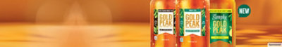 Product shot of Gold Peak Tea on a 3D background with text NEW.