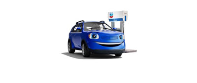 Animated car parked next to a Chevron fuel pump.