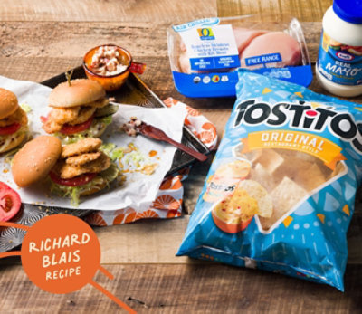 Tortilla Crusted Crispy Chicken Sliders next to Tostitos Origial Tortilla Chips, Kraft Real Mayo, and O Organics Boneless Skinless Chicken Breasts with Rib Meat.
