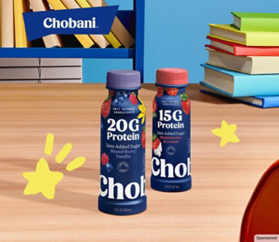 Chobani High Protein Greek Yogurt Drink on desk with red and blue background. 