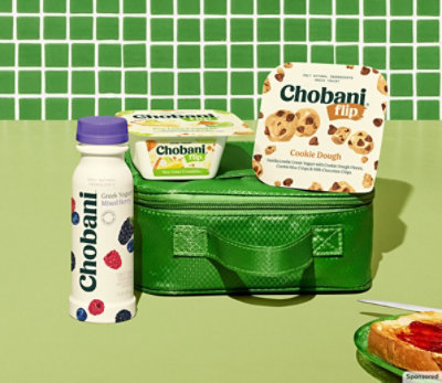 Chobani Flip and Drinks on green surface with green tile background. 