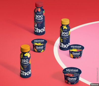 Chobani protein yogurt cups and drinks in various flavors on a red and pink background.