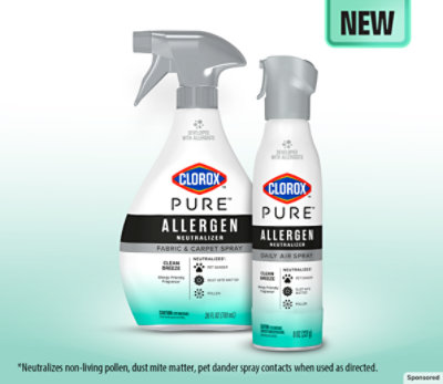 Clorox PURE™ Allergen Neutralizer products on a wooden table top. 